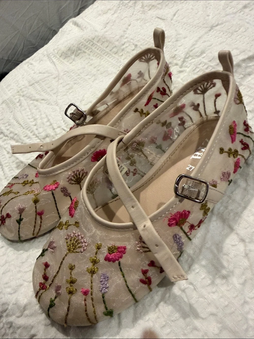 Zara girl’s Embroidered Mesh Ballet Flats - Beige Floral Size 27 (10 us)